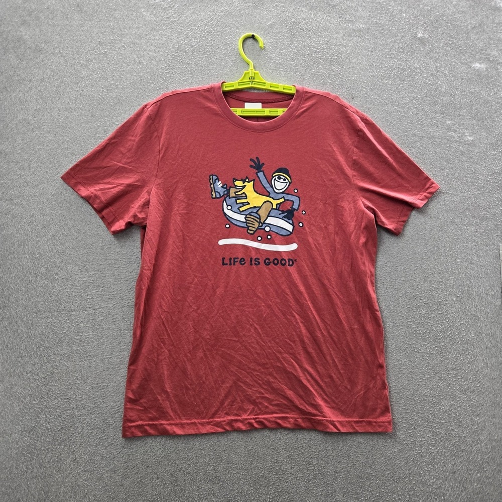Life Is Good Men Shirt L Red Graphic Snowboarder Print Short Sleeve Logo